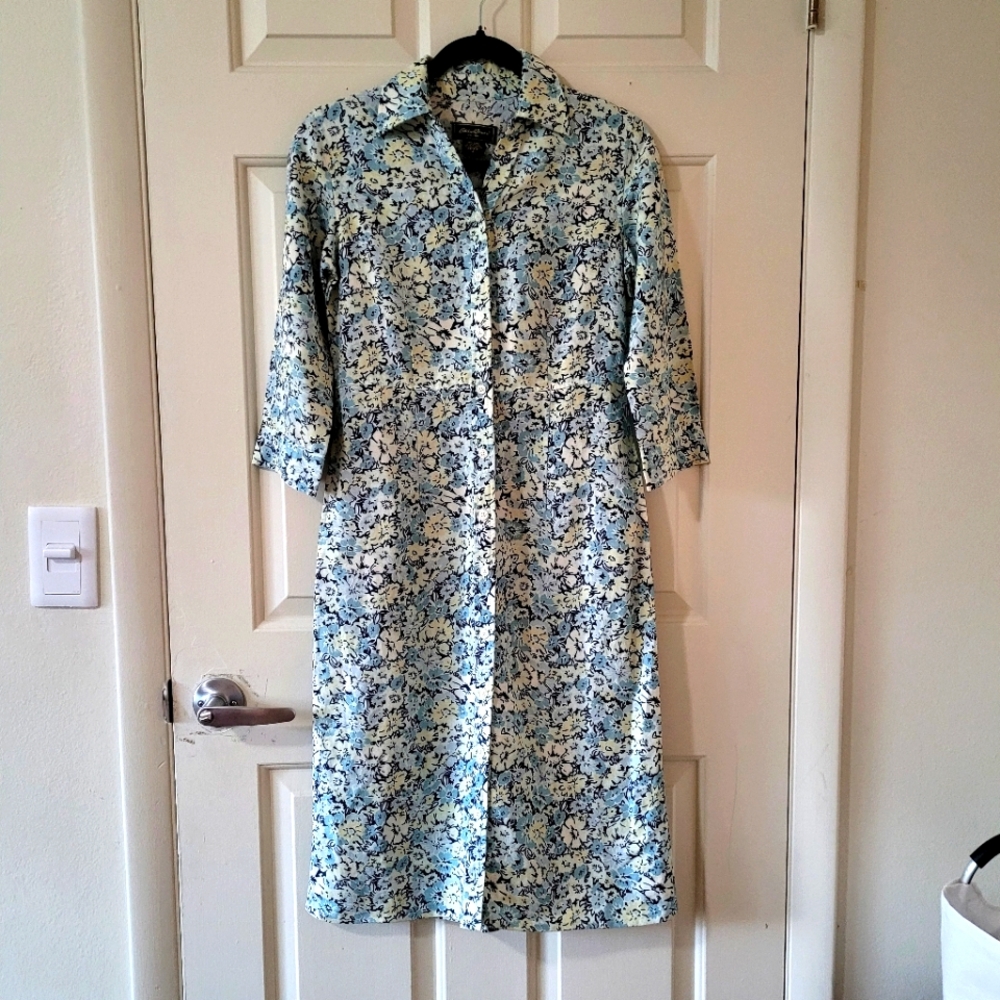 Eddie Bauer Blue Floral Linen Blend Shirt Dress 2P Midi Lightweight EUC